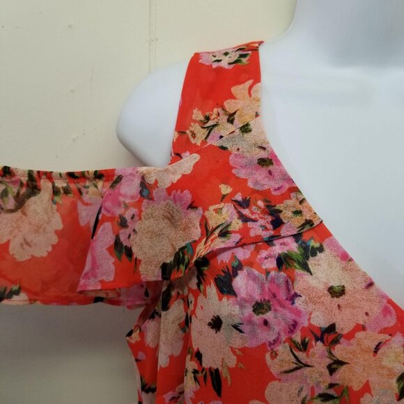 Cabi S Orange Floral LUSH Top Cold Shoulder Chiffon Sheer 5352 V Neck - Picture 5 of 8